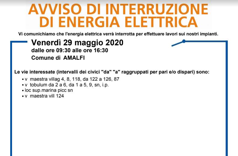 Amalfi. Interruzione energia elettrica prevista per venerdì 29 maggio