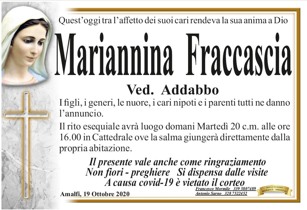 Amalfi. Ci ha lasciati oggi Mariannina Fraccascia, vedova Addabbo